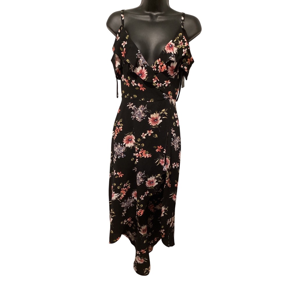 IZ Byer Black Floral Cold Shoulder Ruffle Maxi Dress Size 1 - Picture 1 of 9